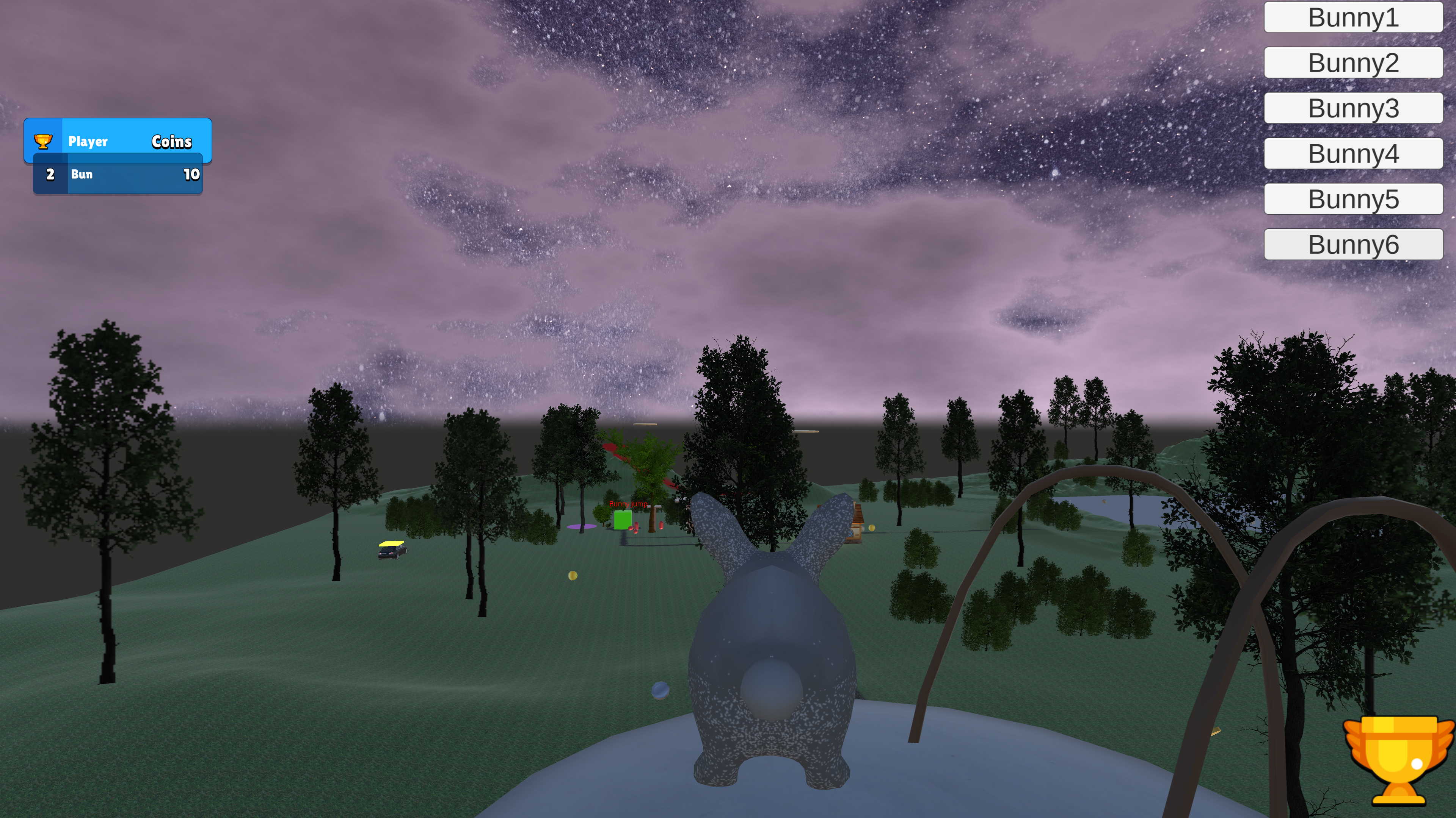 Two bunnies facing each other beside a small house in a sunny field