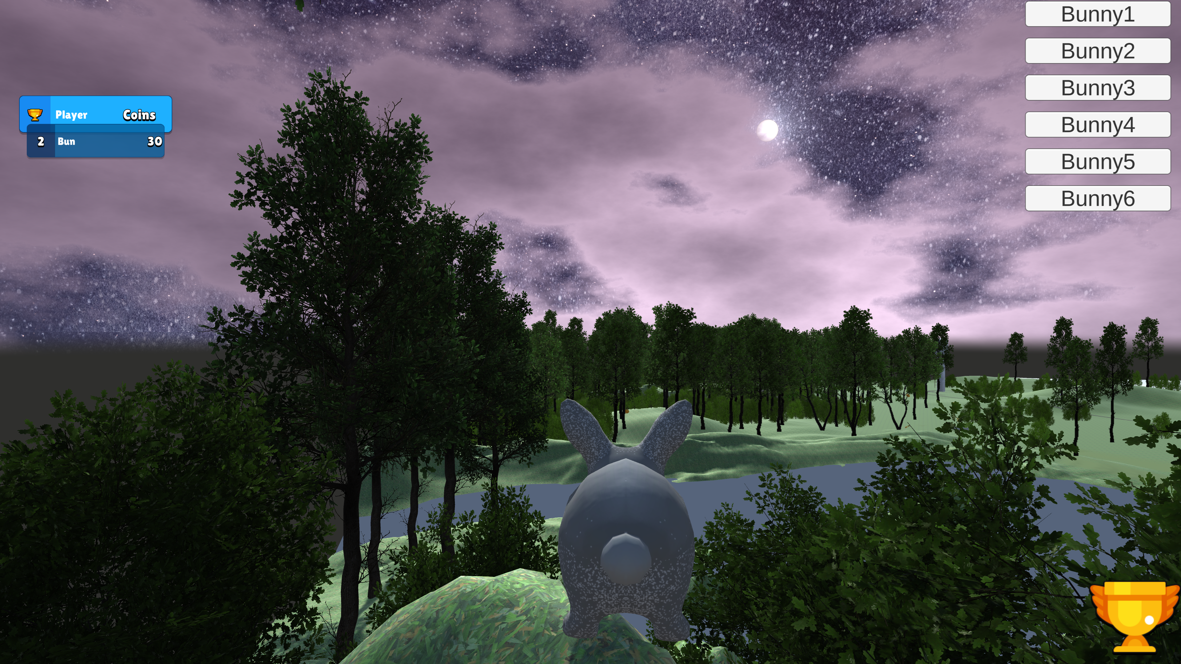 Bunny looking at platforms and glowing objects in the evening sky