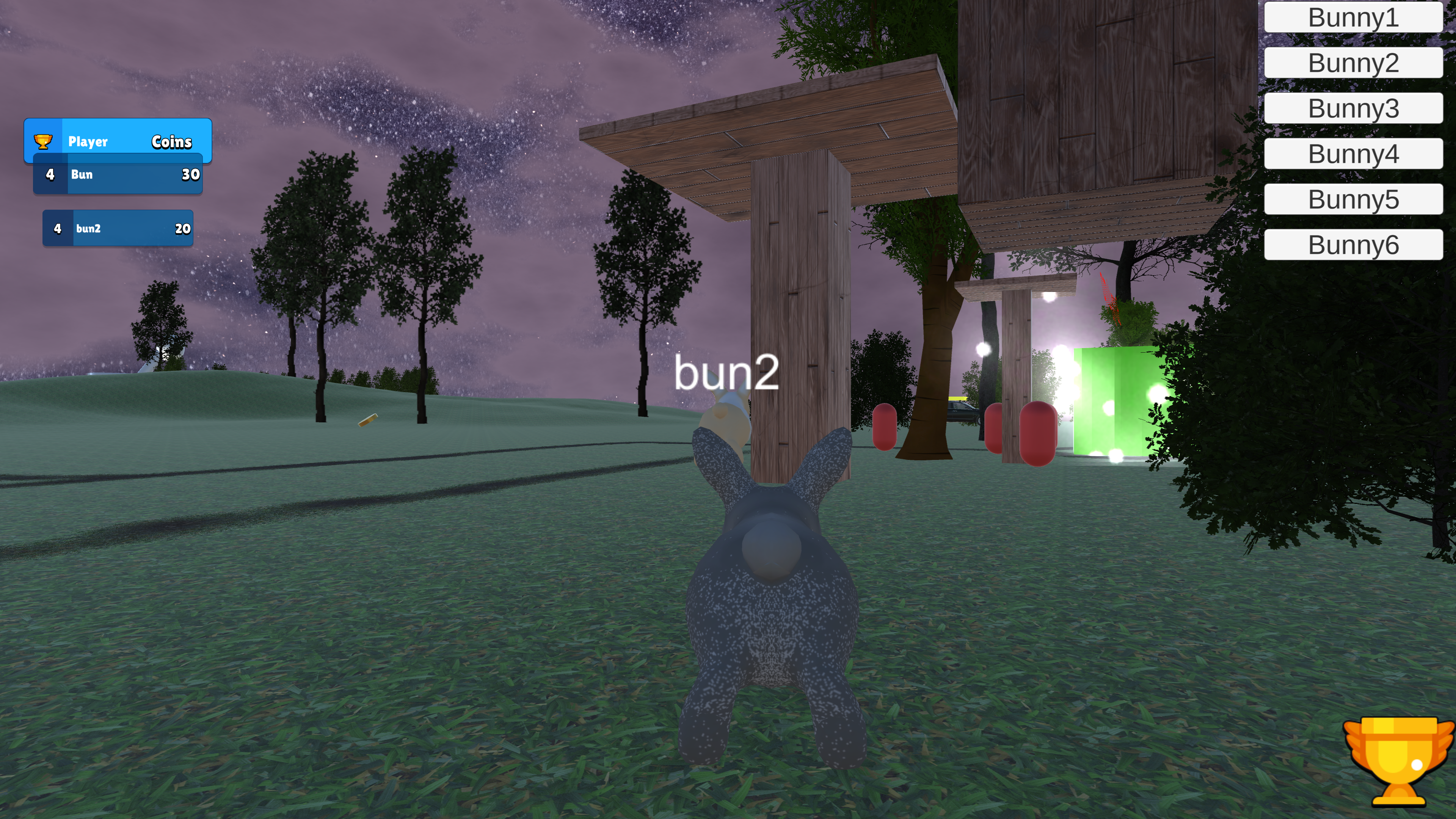 Bunny looking across a river at a forest and night sky